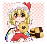  :t blonde_hair blush checkerboard_cookie chibi cookie eating flandre_scarlet food gradient gradient_background hat heart looking_at_viewer minigirl mob_cap polka_dot polka_dot_background puffy_short_sleeves puffy_sleeves red_eyes red_skirt short_sleeves side_ponytail skirt skirt_set solo suwa_yasai touhou vest wings wrist_cuffs 