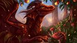  claws day detailed_background dragon female feral flashw food fruit grass green_eyes membranous_wings nude outside red_scales scales smile solo tree wings 