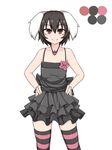  animal_ears bare_shoulders black_dress brown_eyes brown_hair bunny_ears collarbone commentary_request dress flat_chest hands_on_hips inaba_tewi kuroba_rapid short_dress short_hair smile solo striped striped_legwear thighhighs touhou zettai_ryouiki 