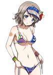  bikini bikini_bottom_removed blue_eyes blush bottomless breasts brown_hair clothes_in_front flower hair_flower hair_ornament hairclip highres love_live! love_live!_school_idol_festival love_live!_sunshine!! medium_breasts navel polka_dot rozen5 short_hair side-tie_bikini solo striped striped_bikini swimsuit tattoo visor_cap watanabe_you 