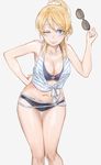  ;p absurdres ayase_eli bikini blonde_hair blue_eyes breasts cleavage eyewear_removed grey_background hand_on_hip highres holding holding_eyewear knees_together looking_at_viewer love_live! love_live!_school_idol_project medium_breasts navel one_eye_closed ponytail scrunchie shirt solo sunglasses swimsuit tied_shirt tongue tongue_out white_scrunchie yohan1754 