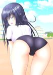  aki_(kagamitotukasakonata) ass bent_over black_hair blue_eyes buruma cameltoe cloud day from_behind gym_uniform highres long_hair looking_back open_mouth original outdoors shirt sky solo thighs very_long_hair 