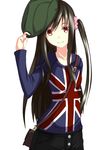  black_hair brown_eyes collarbone flag_print green_hat hair_ornament hair_scrunchie hat jougen long_hair looking_at_viewer one_side_up original pink_scrunchie print_shirt scrunchie shirt simple_background smile solo union_jack white_background 