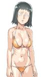  1girl bikini black_eyes black_hair cleavage constricted_pupils eyelashes hand_on_hip kurata_tome mob_psycho_100 navel simple_background sweat swimsuit tenchisouha wink 