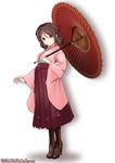  2016 bow brown_hair commentary_request cross-laced_footwear dress drill_hair floral_print hair_bow hakama harukaze_(kantai_collection) japanese_clothes kantai_collection kimono long_hair looking_at_viewer meiji_schoolgirl_uniform mokerou oriental_umbrella pink_kimono pleated_skirt red_bow red_eyes red_hakama skirt smile solo standing twin_drills umbrella 