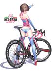  2016 ad ass back bangs bare_shoulders bicycle bike_jersey blue_legwear blunt_bangs blush breasts brown_hair closed_mouth clothes_writing commentary_request elbow_gloves fingerless_gloves from_behind full_body gloves ground_vehicle halter_top halterneck high_heels hitomi_kazuya kneepits legs_apart looking_at_viewer medium_breasts midriff original outstretched_arm pointing print_legwear profile red_eyes shadow short_hair simple_background skin_tight skindentation smile solo standing thighhighs twitter_username white_background 