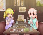  blonde_hair blush bowl breasts chopsticks closed_eyes commentary_request cup drinking_glass drinking_straw eating food grill grilling happy headphones heart huge_breasts indoors kakerugo long_hair looking_at_viewer meat multiple_girls nitroplus open_mouth pink_eyes pink_hair restaurant rice rice_bowl short_hair sitting smile super_pochaco super_sonico tongs twintails wooden_table wooden_wall yakiniku 