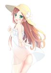  ass dress eyebrows eyebrows_visible_through_hair flower from_side green_eyes hat highres karutamo long_hair looking_at_viewer minazuki_sarami no_panties open_mouth original see-through simple_background solo sun_hat sundress white_background white_dress white_flower yellow_hat 