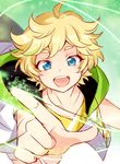 :d blonde_hair blue_eyes earrings ensemble_stars! eyebrows harukawa_sora jewelry male_focus open_mouth pointing pointing_at_viewer smile solo take_no_ko thick_eyebrows 