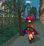  black_footwear black_shirt blue_bow blue_sky bow building canal cape cloud commentary_request day disembodied_head hair_between_eyes hair_bow hand_on_hip isu_(is88) long_sleeves looking_at_viewer lowres outdoors pavement pixel_art pleated_skirt red_cape red_eyes red_hair red_skirt river sekibanki shirt shoes short_hair skirt sky solo touhou village willow 