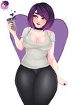  1girl artist_name beauty_mark black_pants breasts brown_eyes cleavage copyright_request curvy heart law-zilla lipstick nail_polish pants purple_hair self-portrait shirt short_hair solo thick_thighs white_shirt wide_hips 
