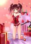  absurdres arms_behind_back box breasts brown_eyes cake cleavage collar collarbone food gift gift_box hair_ribbon highres long_hair looking_at_viewer medium_breasts merry_christmas off_shoulder original oversized_object panties purple_ribbon ribbon solo tail tsumiwara twintails underwear 