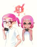  clothed clothing eyes_closed eyewear female glasses inkling looking_back male nintendo nintendo_switch open_mouth simple_background smile splatoon video_games 