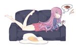  barefoot cellphone couch egg eyebrows_visible_through_hair fried_egg girlish_number highres iphone karasuma_chitose_(girlish_number) litsvn long_hair lying md5_mismatch on_stomach open_mouth phone purple_hair skirt smartphone solo the_pose white_background 