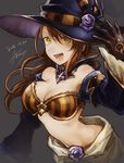  2016 :d beatrix_(granblue_fantasy) breasts brown_gloves brown_hair cleavage dated gloves granblue_fantasy green_eyes halloween hat highres large_breasts long_hair looking_at_viewer mephist-pheles midriff open_mouth signature smile solo witch_hat 