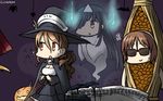  3girls black_hair brown_hair cape commentary dated flying_sweatdrops ghost giving_up_the_ghost hair_over_one_eye hairband halloween hamu_koutarou hat hayashimo_(kantai_collection) highres jack-o'-lantern kantai_collection littorio_(kantai_collection) long_hair multiple_girls natori_(kantai_collection) nattou_costume open_mouth pun sunglasses sweat triangular_headpiece very_long_hair white_hairband witch_hat 