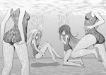  adjusting_clothes adjusting_swimsuit air_bubble aki_(kagamitotukasakonata) ass barefoot blush bubble caustics closed_eyes feet greyscale head_out_of_frame highres holding_breath kneeling leg_lift long_hair monochrome multiple_girls one-piece_swimsuit original partially_submerged pool school_swimsuit smile submerged swimsuit swimsuit_pull underwater very_long_hair water 