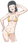  1girl bikini black_eyes black_hair blush cleavage constricted_pupils eyelashes hand_on_hip highres kurata_tome mob_psycho_100 navel pose simple_background smile sweat swimsuit tenchisouha v wink 