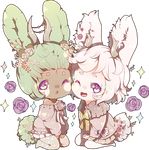  2girls animal_ears blush_stickers bunny_ears bunny_girl dark_skin diamond_(shape) flower green_hair looking_at_viewer multiple_girls one_eye_closed open_mouth purple_eyes ribbon smile srinitybeast sweater tail white_hair 