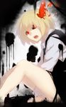  :o arms_between_legs bangs bare_legs between_legs black_sclera black_skirt black_vest blonde_hair collared_shirt commentary_request darkness from_side hair_ribbon hand_between_legs highres knees_up leaning_forward long_sleeves looking_at_viewer looking_to_the_side open_mouth red_eyes ribbon rumia shirt short_hair sitting skirt skirt_set solo splatter teeth terimayo tongue touhou vest white_shirt wing_collar 