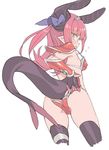  armor ass bangs bikini bikini_armor bikini_pull black_legwear blade_(galaxist) blue_eyes blush cowboy_shot curled_horns dragon_tail elizabeth_bathory_(brave)_(fate) elizabeth_bathory_(fate)_(all) eyebrows eyebrows_visible_through_hair fate/extra fate/extra_ccc fate/grand_order fate_(series) flat_chest flying_sweatdrops from_behind hair_ribbon horns long_hair looking_at_viewer looking_back loose_bikini open_mouth pauldrons pink_hair pointy_ears pulled_by_self purple_ribbon red_bikini ribbon sidelocks silver_trim simple_background solo string_bikini swimsuit tail thighhighs tiara two_side_up white_background 