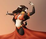  5_fingers anthro armpits black_fur breasts caprine charlottechambers curved_horn female fur goat horn mammal midriff navel pink_nose simple_background smile solo standing white_belly wide_hips 