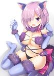  :d animal_ears black_panties blush breasts claws cleavage dangerous_beast elbow_gloves eyes_visible_through_hair fang fate/grand_order fate_(series) fur-trimmed_gloves fur-trimmed_legwear fur_trim gloves hair_over_one_eye halloween_costume lace lace-trimmed_thighhighs large_breasts looking_at_viewer maccha mash_kyrielight navel no_shoes o-ring o-ring_top open_mouth panties purple_eyes purple_hair red_ribbon revealing_clothes ribbon shiny shiny_hair simple_background sitting smile solo tail thighhighs underwear wariza white_background wolf_ears wolf_tail 