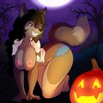  2016 anthro areola big_breasts black_hair breast_squish breasts brown_fur canine clothing fangs food forest fruit fur hair halloween holidays lonbluewolf looking_at_viewer mammal multicolored_fur night pumpkin smile solo teeth torn_clothing tree two_tone_fur were werewolf 