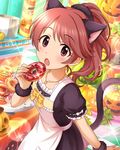  alternate_costume animal_ears apron artist_request brown_eyes brown_hair cat_ears cat_tail doughnut food halloween_costume idolmaster idolmaster_cinderella_girls jack-o'-lantern jewelry necklace official_art ponytail pumpkin shiina_noriko solo tail 