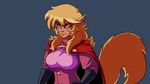  2015 animal_humanoid big_breasts blonde_hair blue_background breasts canine cape clothed clothing eyewear female fox fox_humanoid fox_tail glasses gloves green_eyes hair humanoid long_hair mammal plagueofgripes simple_background solo yellow_tail 