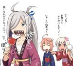  :d =_= ahoge alternate_costume antenna_hair asashimo_(kantai_collection) bad_id bad_pixiv_id blue_eyes budget_sarashi candy_apple check_translation collarbone commentary_request cotton_candy eating food hair_ornament hair_over_one_eye happi holding i-58_(kantai_collection) japanese_clothes kantai_collection kimono long_hair multiple_girls open_mouth orange_hair pointing ponytail ro-500_(kantai_collection) sarashi sharp_teeth silver_eyes silver_hair smile spaghe tan teeth translation_request yukata 