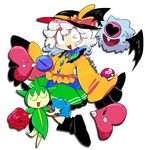  &gt;_o blue_eyes closed_eyes crossover fang furukawa_(yomawari) gen_3_pokemon gen_5_pokemon green_skirt hat hat_ribbon highres komeiji_koishi long_sleeves love_ball luvdisc no_nose one_eye_closed open_mouth poke_ball pokemon pokemon_(creature) ribbon roselia shirt skirt sleeves_past_wrists third_eye touhou white_hair woobat yellow_ribbon yellow_shirt 