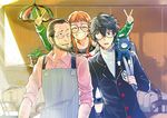  2boys amamiya_ren apron aya_tori cat closed_eyes double_v glasses long_hair morgana_(persona_5) multiple_boys one_eye_closed orange_hair persona persona_5 sakura_futaba sakura_soujirou shuujin_academy_uniform v 