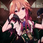  choker gloves idolmaster idolmaster_cinderella_girls key long_hair multicolored_hair ninomiya_asuka noda_(yncoon) orange_hair purple_eyes red_hair smile solo 