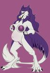  2016 anthro areola armpits belly big_areola big_belly big_breasts black_claws breasts claws clitoral_hood facial_piercing female fur hair hand_on_breast hand_on_hip long_hair navel nipples nose_piercing nose_ring nude piercing pink_eyes pregnant pregoo prehensile_clitoral_hood purple_background purple_fur purple_hair purple_nipples pussy sergal sharp_teeth simple_background smile solo teeth white_fur 