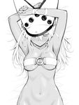  armpits arms_up bed_sheet beltbra blush bottomless breasts dark_skin greyscale groin guilty_gear guilty_gear_xrd hair_between_eyes hat jouyama_yui large_breasts long_hair looking_down lying monochrome navel on_back ramlethal_valentine solo stomach underboob wavy_mouth 