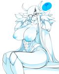  1girl areola blue_nipples breasts extra_eyes eyelashes eyes_closed glasses huge_breasts insect_girl large_areola long_hair monster_girl nipples question_mark scleriteaeaeaggadah sitting slugbox solo thighs white_background white_hair white_skin 