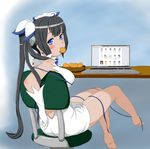  :t barefoot black_hair blue_eyes blue_ribbon blush body_blush bowl breasts chair commentary computer dress dungeon_ni_deai_wo_motomeru_no_wa_machigatteiru_darou_ka english_commentary food from_behind gloves head_tilt hestia_(danmachi) highres laptop long_hair looking_back medium_breasts mouth_hold pixiv rei_no_himo ribbon sketch solo table twintails very_long_hair viperxtr white_dress white_gloves 