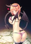  1girl ass back bare_shoulders bikini blush braid breast_rest breasts butt_crack demon_girl demon_horns demon_tail demon_wings from_behind heart large_breasts licking_lips looking_at_viewer muo orange_eyes orange_hair original panties pointy_ears shiny shiny_hair shiny_skin short_hair sideboob single_braid smile solo thighhighs tongue wings 