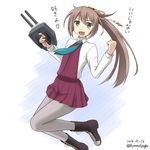  2016 :d aqua_neckwear bad_id bad_pixiv_id blue_eyes blush boots brown_hair clenched_hand commentary_request cross-laced_footwear dated grey_legwear hair_ornament hair_ribbon heart kantai_collection kazagumo_(kantai_collection) lace-up_boots long_hair long_sleeves looking_at_viewer machinery necktie open_mouth pantyhose pleated_skirt ponytail ribbon school_uniform simple_background skirt smile solo spaghe translation_request turret twitter_username 