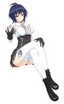  black_gloves blue_hair boots brown_eyes covered_nipples crossed_legs full_body gloves hand_on_own_knee highres invisible_chair kouno_yuria kure_masahiro looking_at_viewer official_art short_hair simple_background sitting skirt smile solo thighhighs valkyrie_drive valkyrie_drive_-siren- white_background white_legwear 