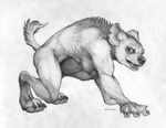  2016 4_fingers 4_toes anthro armpit_hair breasts digitigrade ecmajor female fur greyscale hyena mammal monochrome nipples nude open_mouth simple_background sketch smile solo teeth toes white_background 