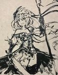  armor bare_shoulders eu03 granblue_fantasy hair_ornament highres jeanne_d'arc_(granblue_fantasy) long_hair monochrome polearm sketch solo traditional_media weapon 