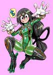  asui_tsuyu blush_stickers bodysuit boku_no_hero_academia frog_girl gloves goggles goggles_on_head green_bodysuit highleg long_hair looking_at_viewer low-tied_long_hair solo takeshi_aono translation_request 