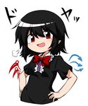  :d =3 asymmetrical_wings black_dress black_hair blush bow bowtie doyagao dress hands_on_hips highres houjuu_nue katsumi5o looking_at_viewer no_nose open_mouth pointy_ears red_eyes short_hair simple_background smile smug solo touhou triumph_(expression) white_background wings 