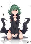  akatsukiame black_dress blush breasts curly_hair dress green_eyes green_hair kneeling looking_at_viewer one-punch_man reflection short_hair simple_background small_breasts solo tatsumaki tears torn_clothes v_arms white_background 