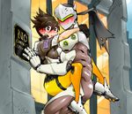  1boy 1girl against_wall blush bodysuit bomber_jacket caught chiptooth couple cyborg embarrassed full-face_blush genji_(overwatch) hetero hug jacket leg_lock lifting_person looking_at_viewer outdoors shoes sneakers sweatdrop tracer_(overwatch) 