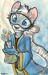  2016 anthro beaker blue_eyes clothing eyewear feline fur goggles grey_fur latex_gloves male mammal multicolored_fur robe signature simple_background smoke solo teeth tiger two_tone_fur white_fur white_tiger zenirix 