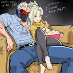  1girl :t arm_around_shoulder barefoot blue_eyes casual chip-tooth couch couple crossed_legs denim eating eyeshadow food food_on_face hetero jeans makeup mask mercy_(overwatch) overwatch pants plaid plaid_shirt popcorn ribbed_sweater scar shirt sitting soldier:_76_(overwatch) sweater turtleneck visor 