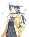  bangs baseball_cap blue_hair blunt_bangs bubble bubble_blowing chewing_gum collar collarbone eyebrows eyebrows_visible_through_hair hands_in_pockets hat highres hood hoodie long_hair love_live! love_live!_sunshine!! one_eye_closed open_clothes open_hoodie print_hoodie print_shirt purple_eyes shirt side_bun solo standing star tsushima_yoshiko white_background yohan1754 